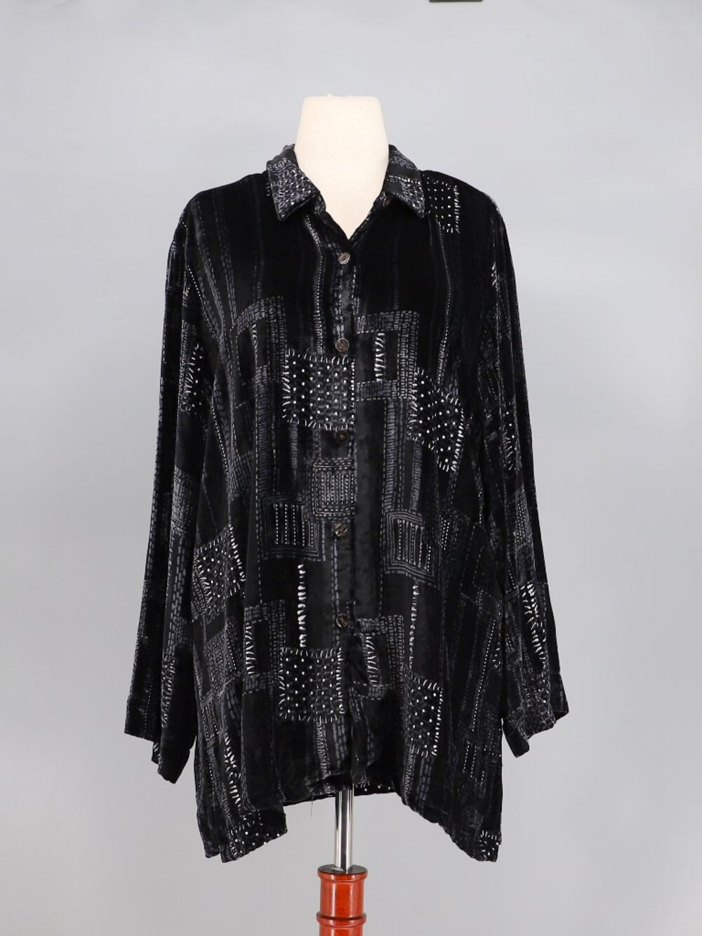 Vintage IOS Black Silk Blend Velvet Button Up Shirt Patchwork Pattern Size XL